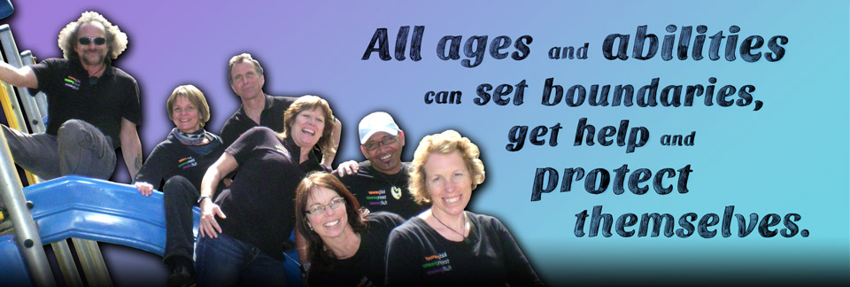 image of adults with the text - all ages and abilities can set boundaries, get help and protect themselves