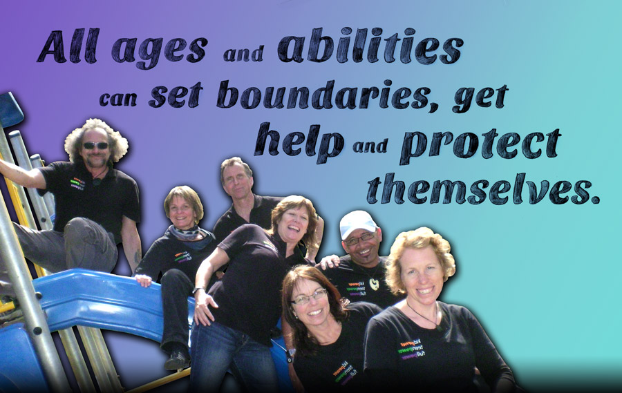 image of adults with the text - all ages and abilities can set boundaries, get help and protect themselves