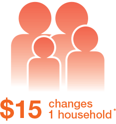 A graphic of two big people and two smaller people and the text: 15 dollars changes one household