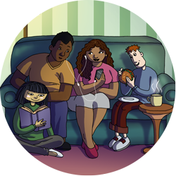 A picture from the Healthy Relationships resource of the Fullpower Friends sitting on the couch relaxing.