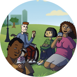 A picture of the Fullpower Friends sitting in the park eating icecream, taken from the Healthy Relationships resource